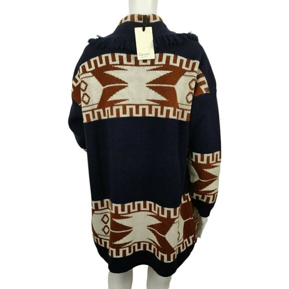 CocoGio Made in Italy Aztec Fringed Wool Blend Cardigan Sweater Small Longline - Picture 6 of 9